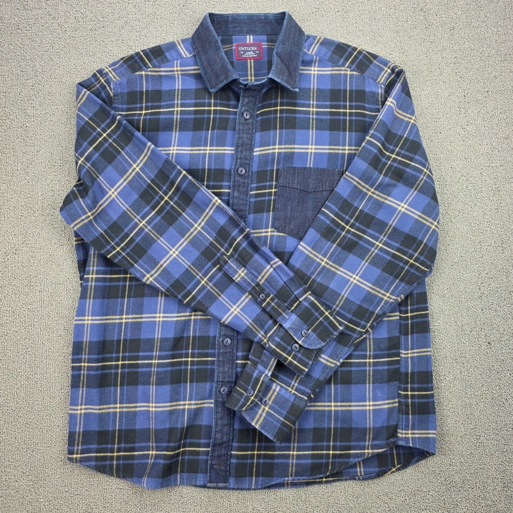 UNTUCKit Napon Flannel Shirt Mens Blue‎ Plaid Denim Contrast Large